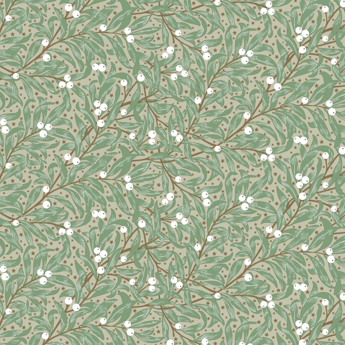 Kerstpapier Berries and Leaves Creme 60cm x 200meter