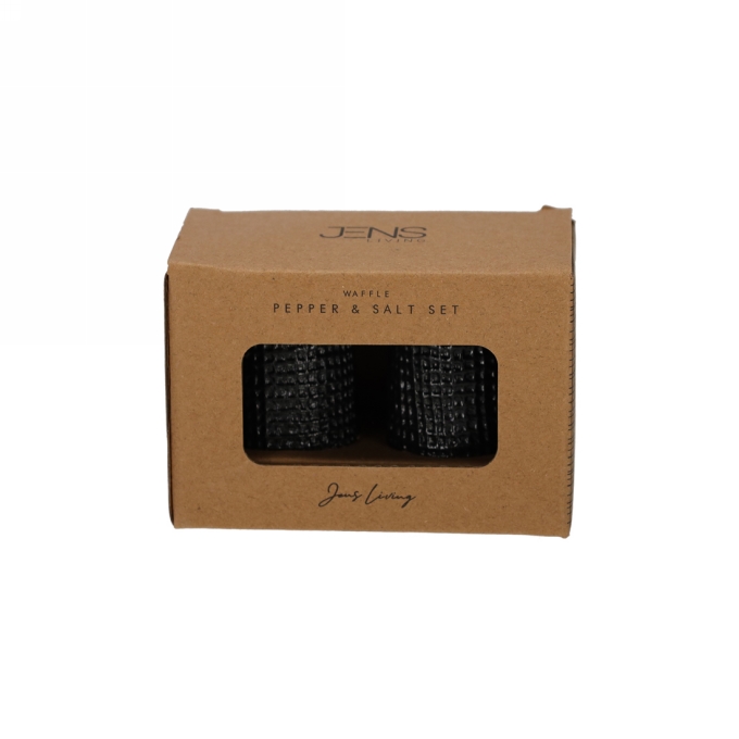 Jens Living Wafel Peper & Zout Set Zwart 9.5x5x7.5cm 1stuks Jens Living Wafel Peper & Zout Set Zwart 9.5x5x7.5cm 1stuks