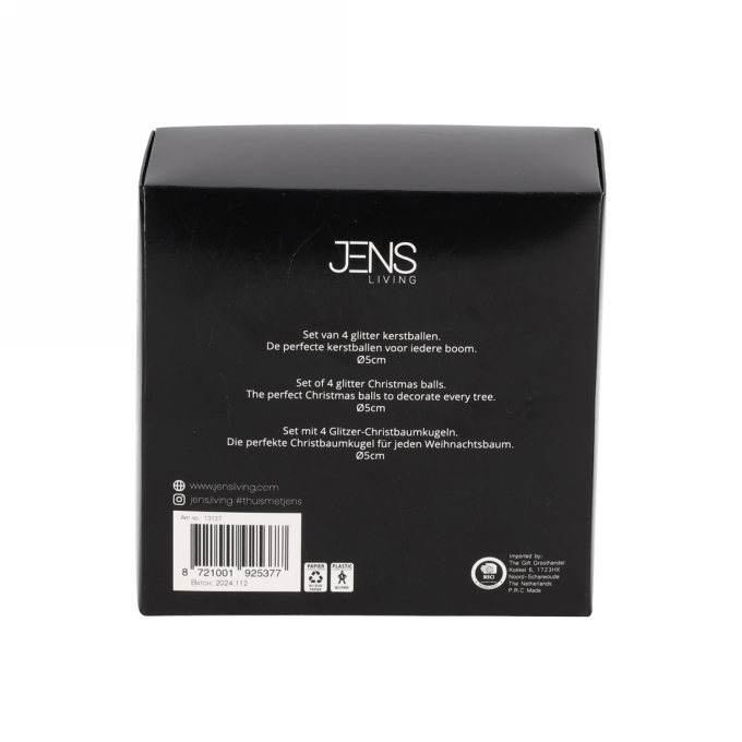 Jens Living Glitter Kerstballen Zwart set van 4stuks 5x5x5cm 1stuks