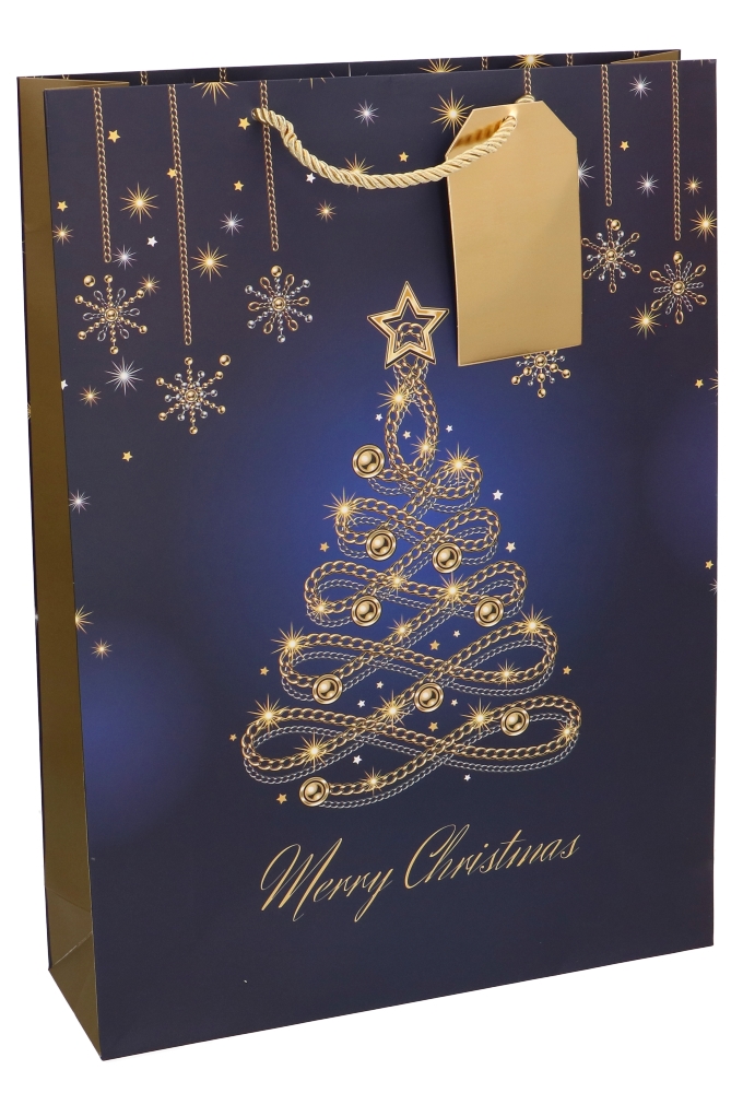 Luxe Kersttasjes Jumbo Christmas Blue Tree Gold 33x10x45.5cm 10stuks