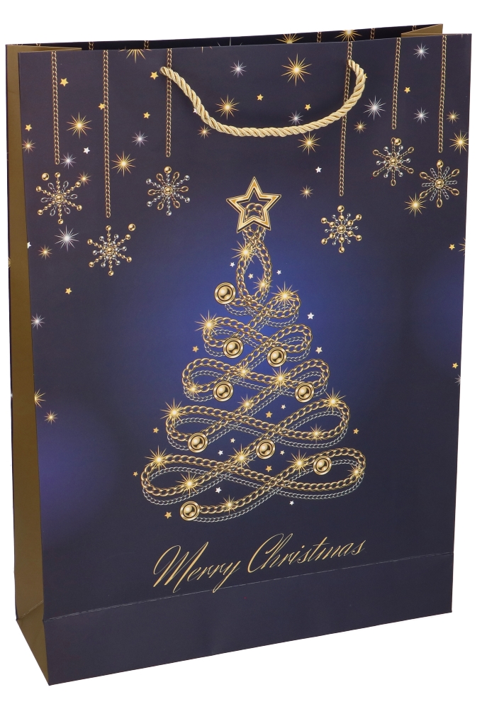 Luxe Kersttasjes Jumbo Christmas Blue Tree Gold 33x10x45.5cm 10stuks