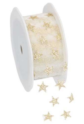 Organza Lint Creme Met Gouden Sterren Glitter 38mm x 25 meter