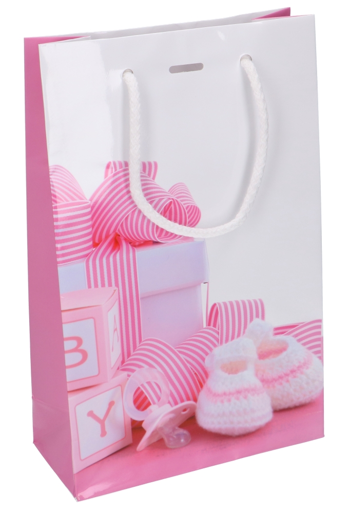 Kadotasje Wit Baby Roze Met Koord & Lint Gleuf 16x7x25cm 10stuks