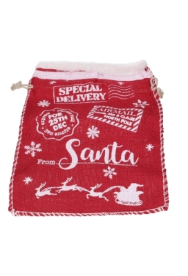 Luxe Kerstzak Jute Red & Santa Met Witte Stoffen Rand 31x42cm 9stuks