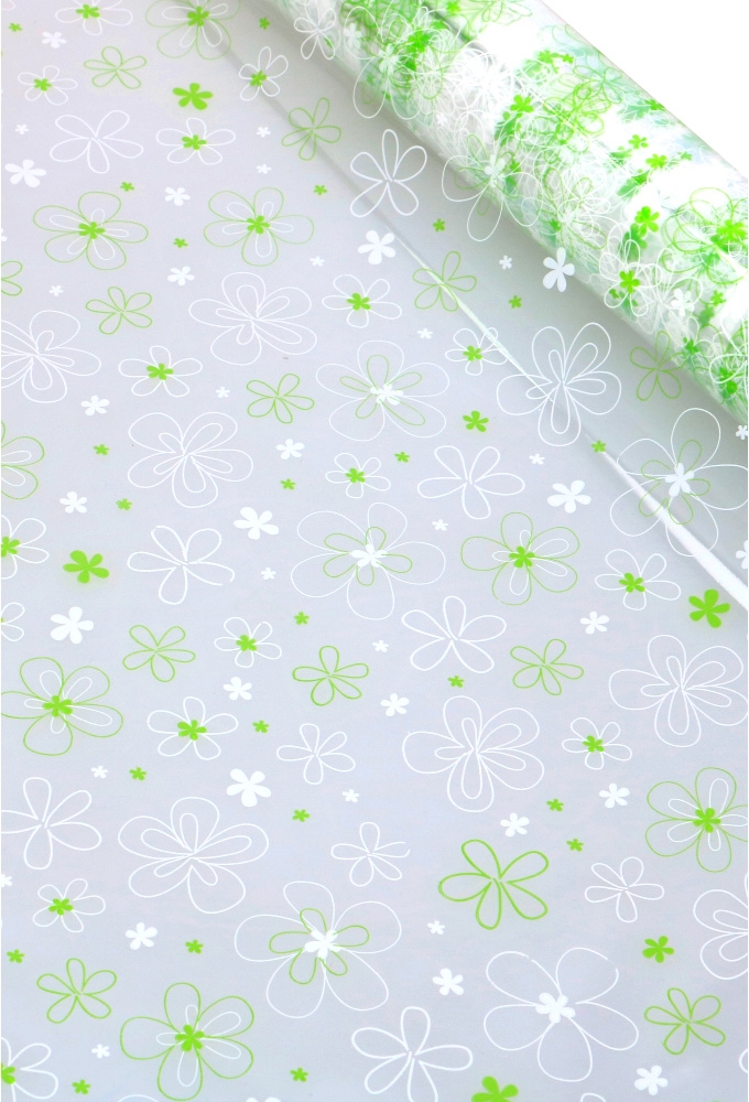 Cadeaufolie Transparant Flowers Groen & Wit  70cm x 50meter 35my 