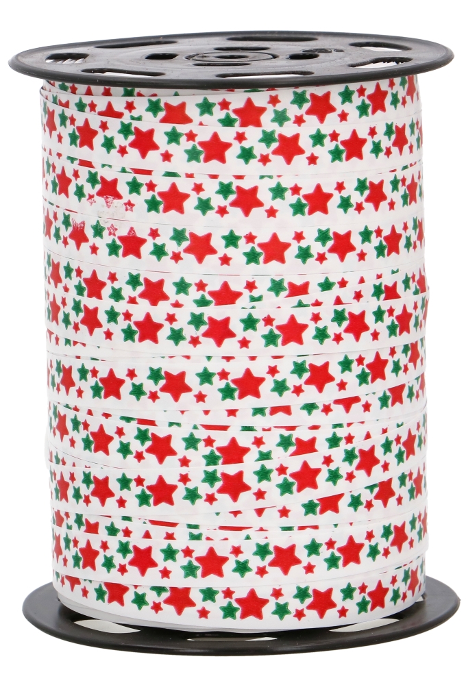 Kerst Krullint Mat Wit Stars Rood & Groen 10mm x 250meter