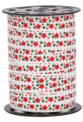 Kerst Krullint Mat Wit Stars Rood & Groen 10mm x 250meter