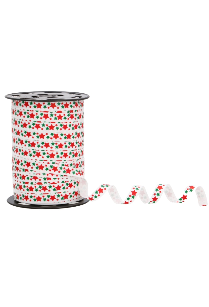 Kerst Krullint Mat Wit Stars Rood & Groen 10mm x 250meter