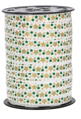 Kerst Krullint Glans Wit Stars Goud & Groen 10mm x 250meter