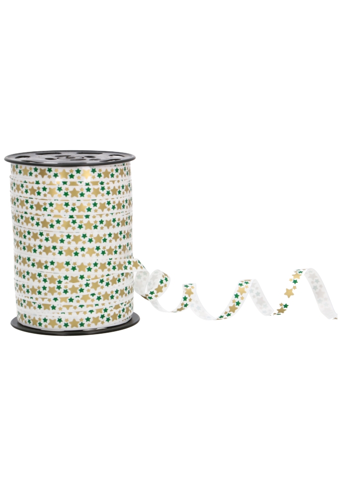 Kerst Krullint Glans Wit Stars Goud & Groen 10mm x 250meter