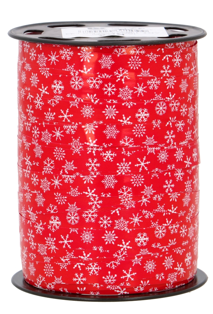 Kerst Krullint Glans Rood Snow Flakes Wit 10mm x 250meter