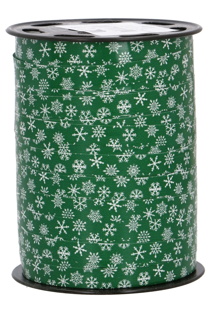 Kerst Krullint Glans Groen Snow Flakes Wit 10mm x 250meter