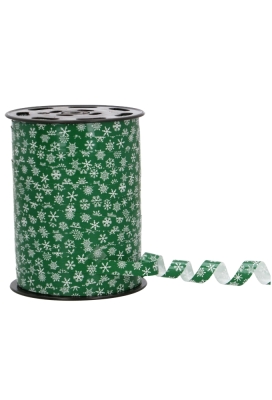 Kerst Krullint Glans Groen Snow Flakes Wit 10mm x 250meter