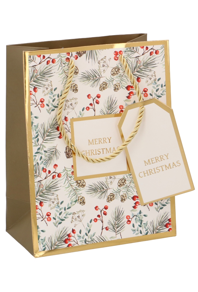 Kersttasjes Medium Merry Christmas Dennetak & Bes 18x10x23cm 10stuks