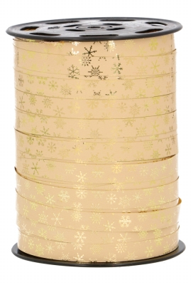 Kerst Krullint Glans Beige Snow Flakes Goud 10mm x 250meter