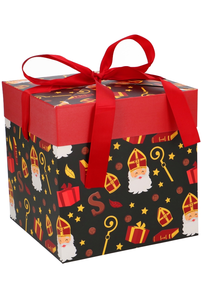 Sintgeschenkdoos Sinterklaas Met Staf Met Rood Lint 20x20x20cm 1 stuk