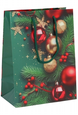 Kersttasjes Medium Groene Dennetak Kerstballen Rood 18x10x23cm 12stuks