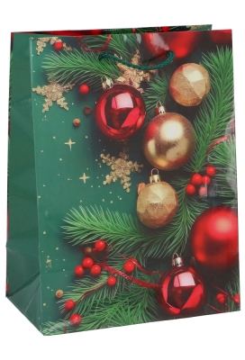 Kersttasjes Medium Groene Dennetak Kerstballen Rood 18x10x23cm 12stuks