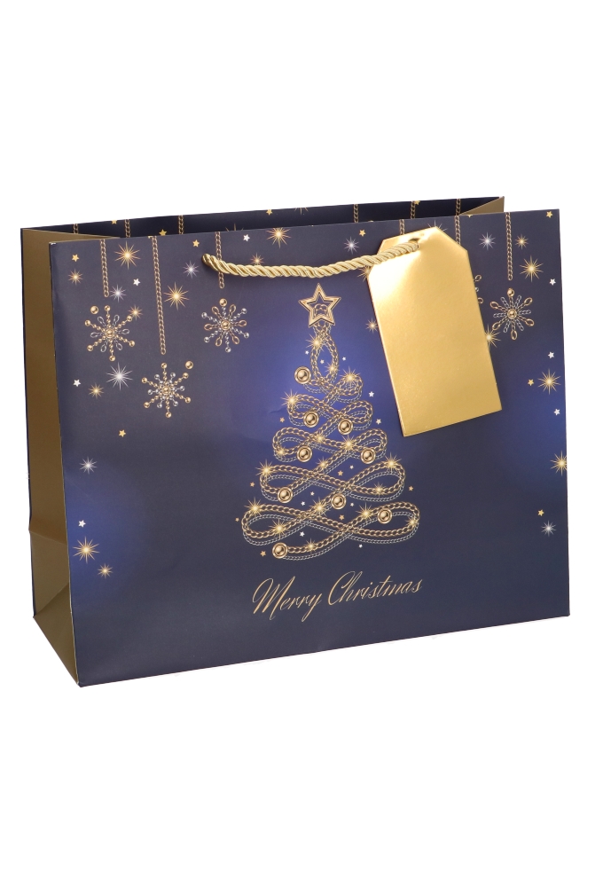 Kersttasjes Groot Laag Groot Blue Tree Gold 32x12.5x27cm 10stuks