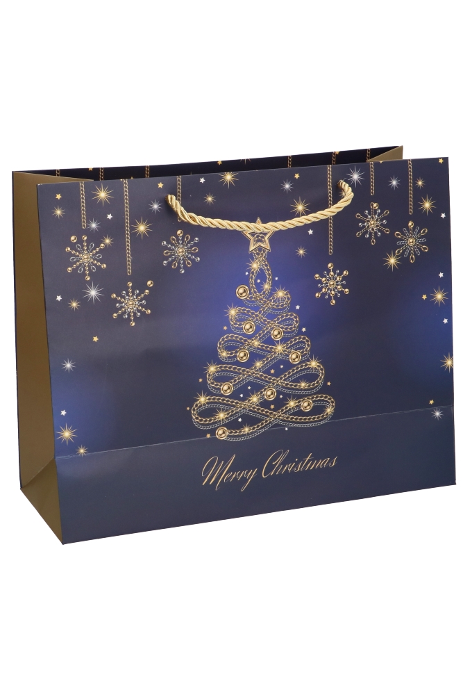 Kersttasjes Groot Laag Groot Blue Tree Gold 32x12.5x27cm 10stuks