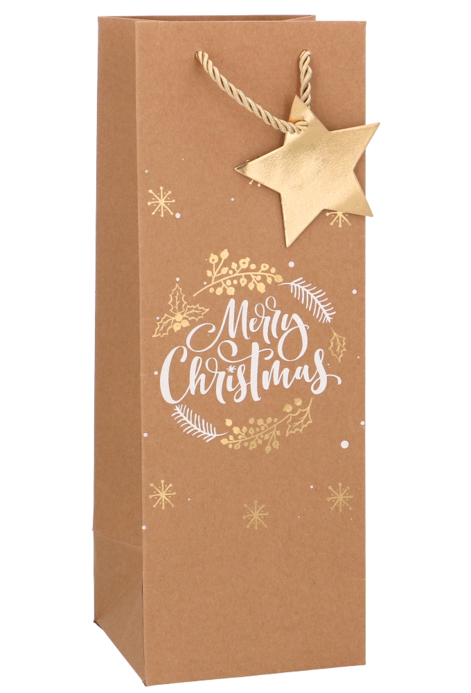 Kerst Wijntasje 1 Fles Kraft Merry Christmas 12.5x12x36cm 10stuks