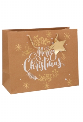 Kersttasjes Groot Laag Kraft Merry Christmas 32x12.5x27cm 10stuks