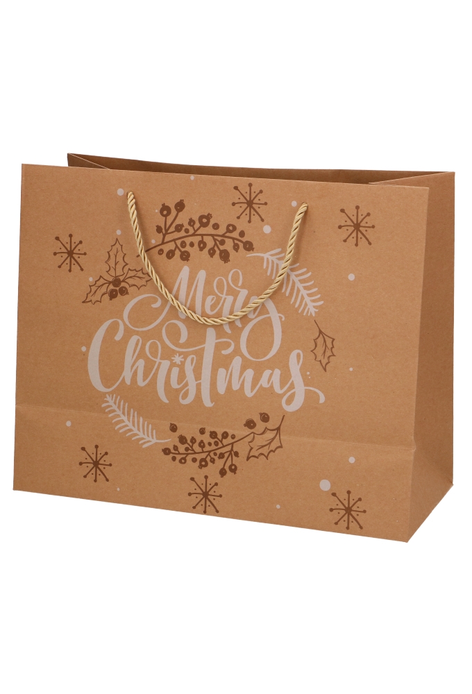 Kersttasjes Groot Laag Kraft Merry Christmas 32x12.5x27cm 10stuks