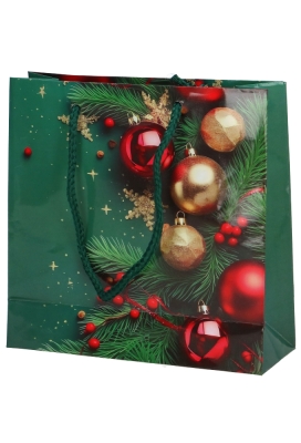 Kersttasjes Vierkant Groene Dennetak Kerstballen Rood 17x6x17cm 12st