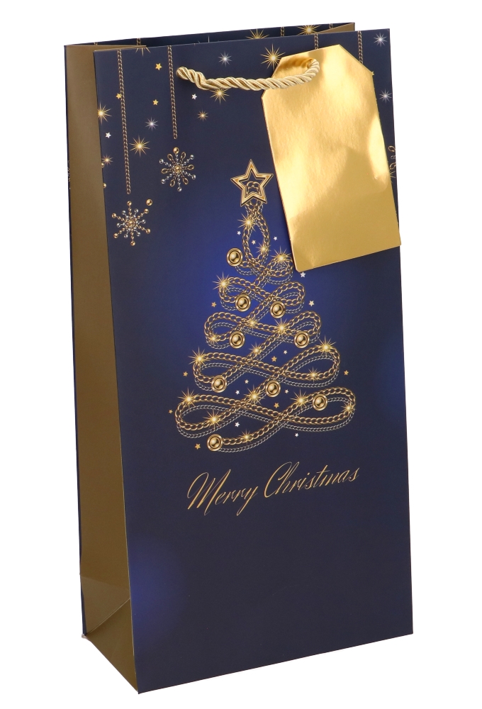 Kerst Wijntasjes 2 Flessen Christmas Blue Tree Gold 18x9x36cm 10stuks