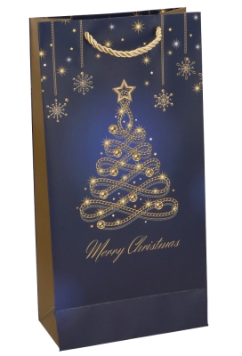 Kerst Wijntasjes 2 Flessen Christmas Blue Tree Gold 18x9x36cm 10stuks