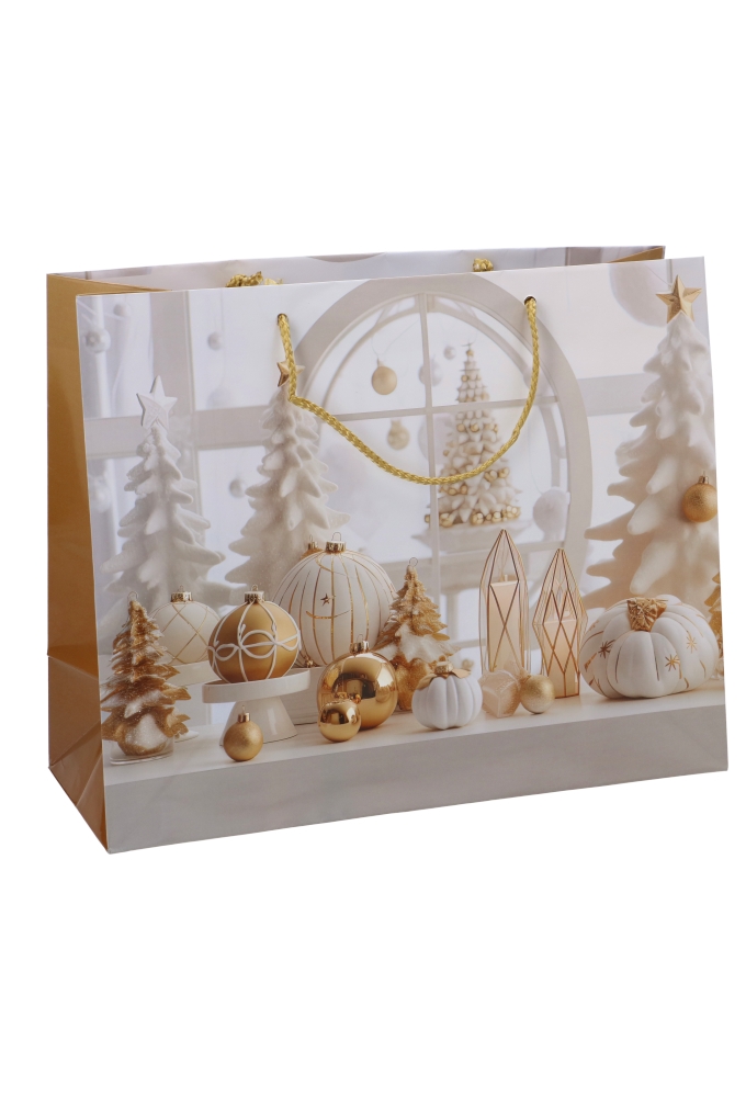 Kersttasjes Groot Laag Kerst Tree White And Gold 32x12.5x27cm 12stuks