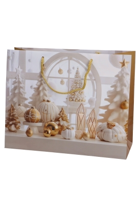 Kersttasjes Groot Laag Kerst Tree White And Gold 32x12.5x27cm 12stuks