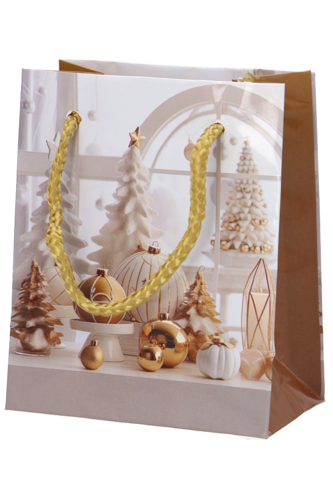 Kersttasjes Klein Kerst Tree White And Gold 11x6.5x14.5cm 12stuks