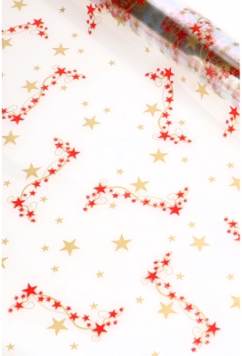 Cadeaufolie Transparant Kerst Stars Gold & Red 70cm x 50meter