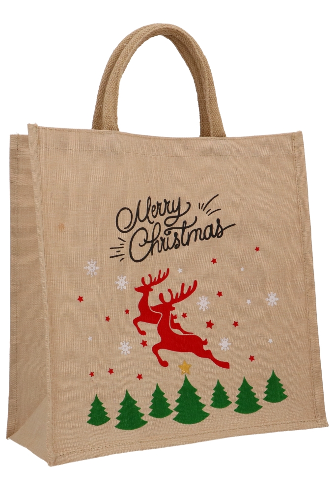Kersttas Merry Christmas Rendier Katoen 37x37x15cm 10stuks