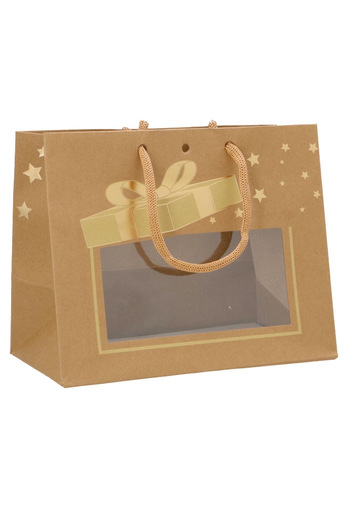 AKTIE Kersttasje Venster Kraft Gold Present Stars 24x14x19.5cm 20stuks