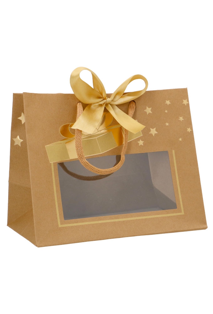 AKTIE Kersttasje Venster Kraft Gold Present Stars 24x14x19.5cm 20stuks AKTIE Kersttasje Venster Kraft Gold Present Stars 24x14x19.5cm 20stuks