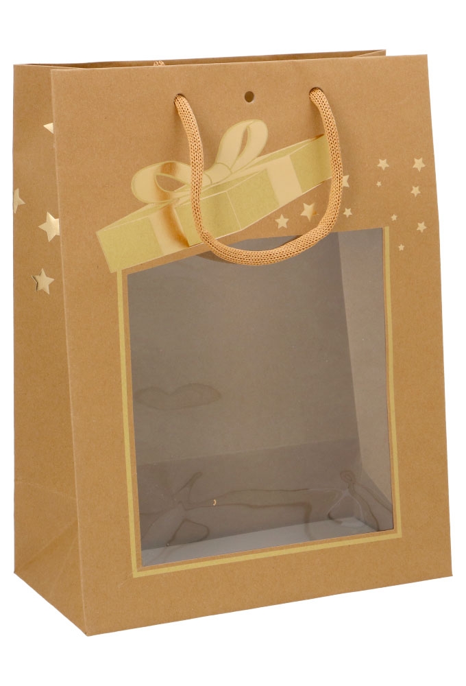 AKTIE Kersttasje Venster Kraft Gold Present Stars 25x13x33cm 10st AKTIE Kersttasje Venster Kraft Gold Present Stars 25x13x33cm 10st