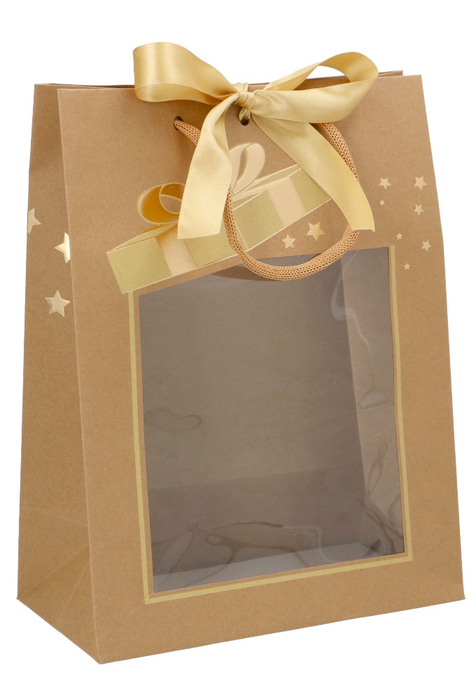 AKTIE Kersttasje Venster Kraft Gold Present Stars 25x13x33cm 10st AKTIE Kersttasje Venster Kraft Gold Present Stars 25x13x33cm 10st