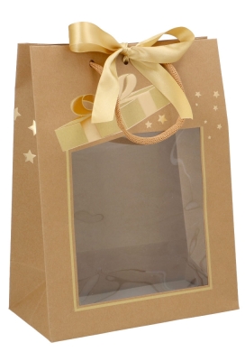 AKTIE Kersttasje Venster Kraft Gold Present Stars 25x13x33cm 10st AKTIE Kersttasje Venster Kraft Gold Present Stars 25x13x33cm 10st