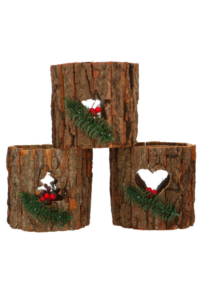 Kandelaar Wood Christmas Met Glazen kaarsenhouder 12cm x 15cm 12stuks