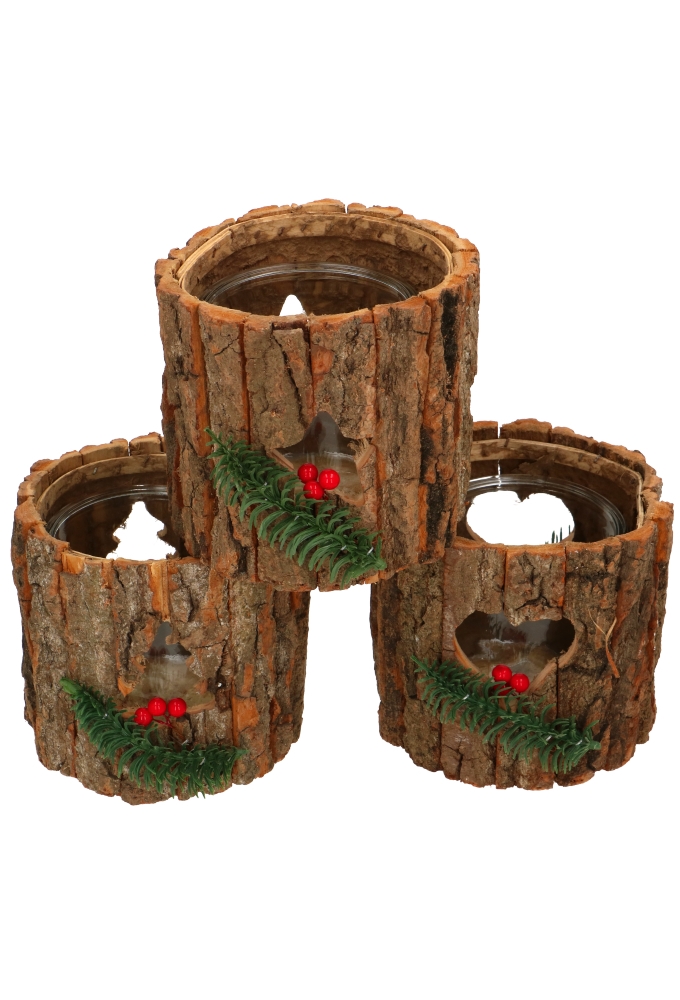 Kandelaar Wood Christmas Met Glazen kaarsenhouder 12cm x 15cm 12stuks