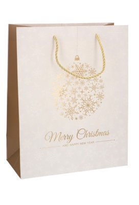 Kersttasjes Groot Merry Christmas Golden Bal 26.5x13.5x32.5cm 10stuks