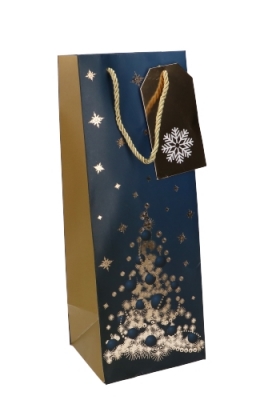 Kerst Wijntasjes 1 Fles Blue Tree Gold 12.5x12x36.5cm 10stuks