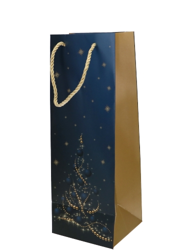 Kerst Wijntasjes 1 Fles Blue Tree Gold 12.5x12x36.5cm 10stuks