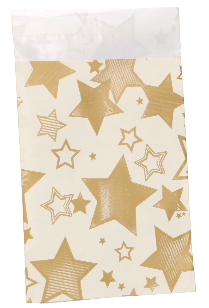 Kerstzakjes Folie Mita Plakstrip Stars Gold Creme 10x13.5cm 100stuks