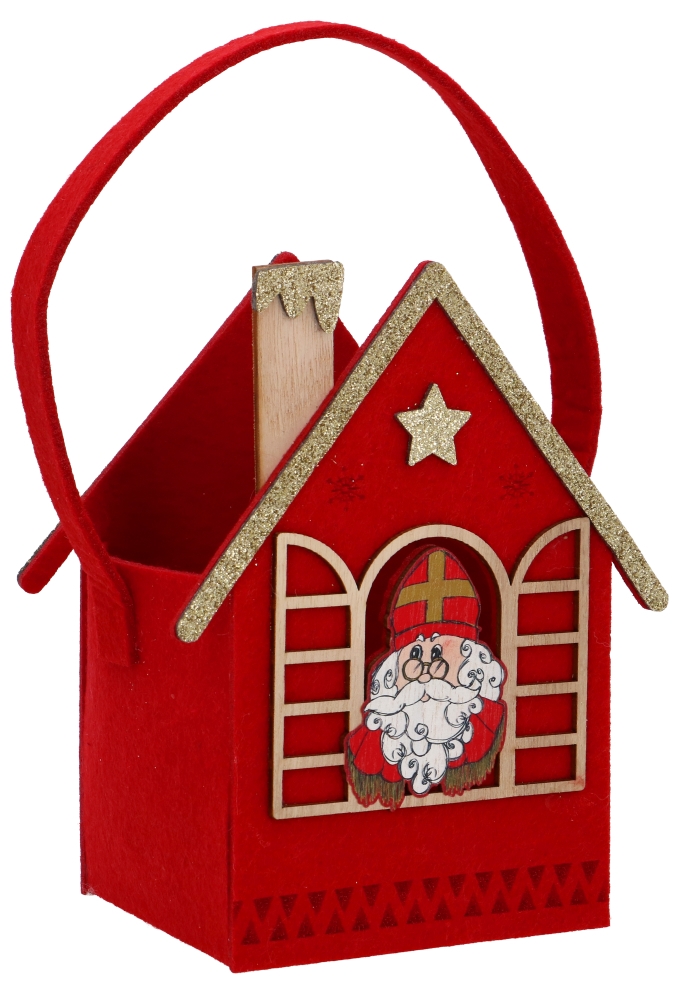 Geschenktasje Vilt Huisje Sint Metallic Goud 15x10.5x27cm 1stuks