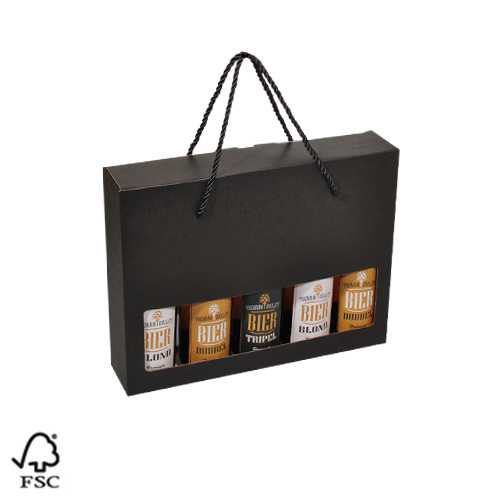 Bierverpakking Zwart Lino 5 Flesjes & Koord FSC® 50stuks Bierverpakking Zwart Lino 5 Flesjes & Koord FSC® 50stuks