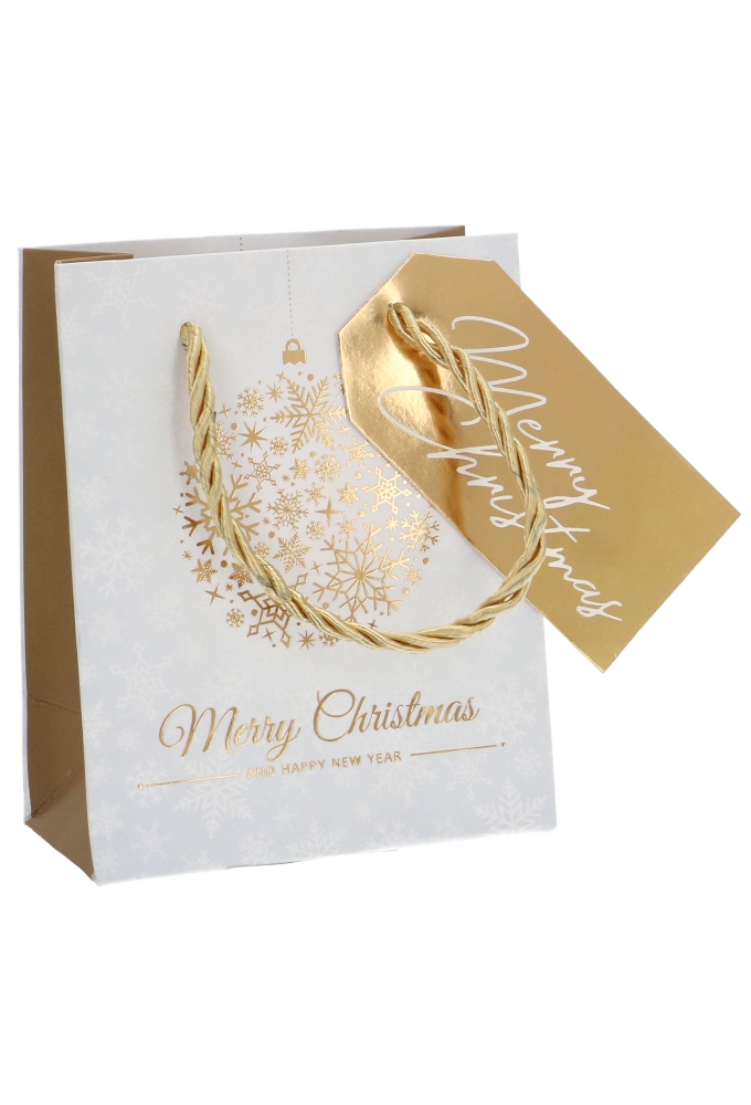 Kersttasjes Klein Merry Christmas Golden Ball 11x6.5x14.5cm 10stuks