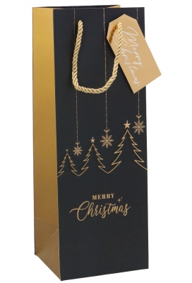 Kerst Wijntasjes 1 Fles Merry Christmas Black Gold 12.5x9x36.5cm 10st